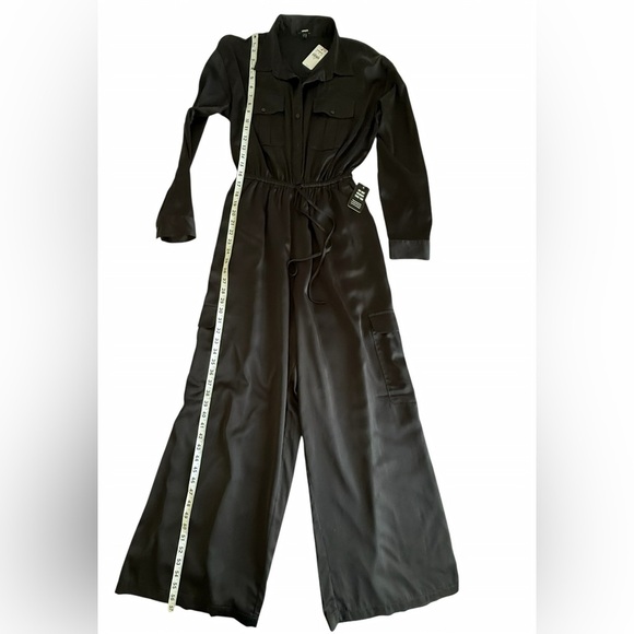 Express Black Satin Utility Jumpsuit Wide Leg Flowy Long Sleeve Size M NWT - Picture 7 of 7